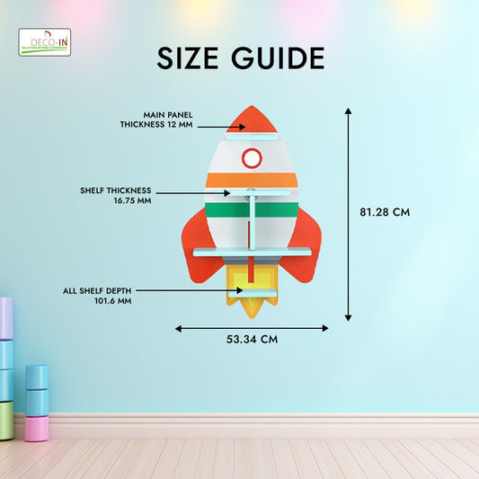 DECOIN Rocket Shaped Kids Wall Mounted Shelf Premium HDHMR Engineered Wood Floating Rack with Vibrant UV Printing for Nursery Bedroom & Playroom Décor