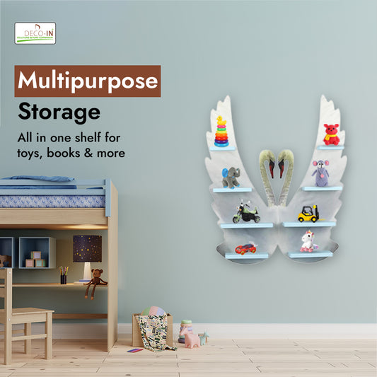 DECOIN Double Swan Shaped Kids Wall-Mounted Shelf Premium HDHMR Engineering Wood Floating Rack with Elegant UV Printing for Nursery Bedroom & Playroom Décor