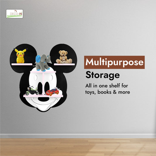 DECOIN Mickey Mouse Shaped Kids Wall Mounted Shelf Premium HDHMR Engineered Wood Floating Rack with Vibrant UV Printing for Nursery, Bedroom & Playroom Décor