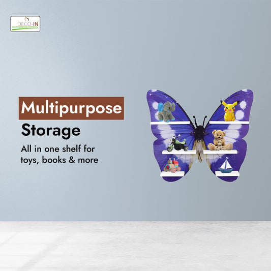 DECOIN Butterfly Shaped Kids Wall Mounted Shelf Premium HDHRM Engineered Wood Floating Organizer Rack with Vibrant Decorative UV Printing for Nursery Bedroom & Playroom Storage