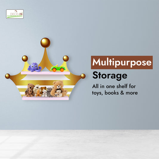 DECOIN Crown Shaped Kids Wall-Mounted Shelf Premium HDHMR Engineering Wood Floating Rack with Vibrant UV Printing for Nursery Bedroom & Playroom Décor