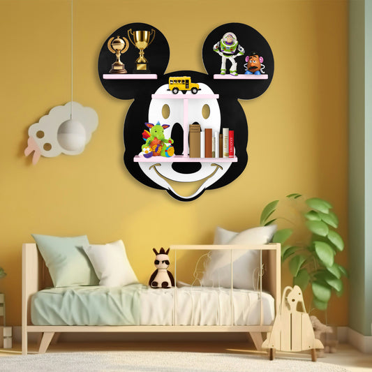 DECOIN Mickey Mouse Shaped Kids Wall Mounted Shelf Premium HDHMR Engineered Wood Floating Rack with Vibrant UV Printing for Nursery, Bedroom & Playroom Décor