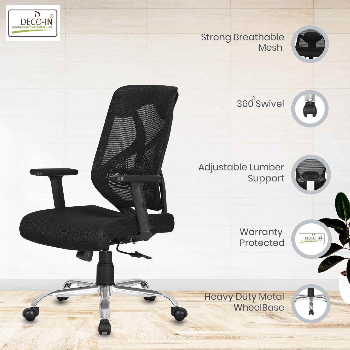 DECOIN Ergon Relax Ergonomic Medium Back Premium Executive Office Chair Black