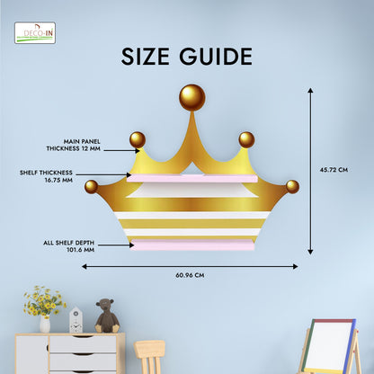 DECOIN Crown Shaped Kids Wall-Mounted Shelf Premium HDHMR Engineering Wood Floating Rack with Vibrant UV Printing for Nursery Bedroom & Playroom Décor