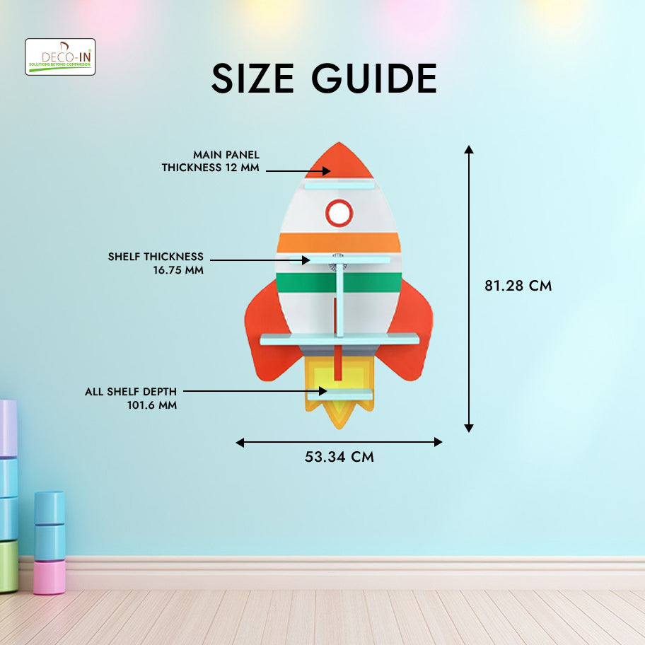 DECOIN Rocket Shaped Kids Wall Mounted Shelf Premium HDHMR Engineered Wood Floating Rack with Vibrant UV Printing for Nursery Bedroom & Playroom Décor
