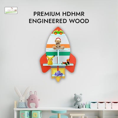 DECOIN Rocket Shaped Kids Wall Mounted Shelf Premium HDHMR Engineered Wood Floating Rack with Vibrant UV Printing for Nursery Bedroom & Playroom Décor