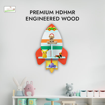 DECOIN Rocket Shaped Kids Wall Mounted Shelf Premium HDHMR Engineered Wood Floating Rack with Vibrant UV Printing for Nursery Bedroom & Playroom Décor