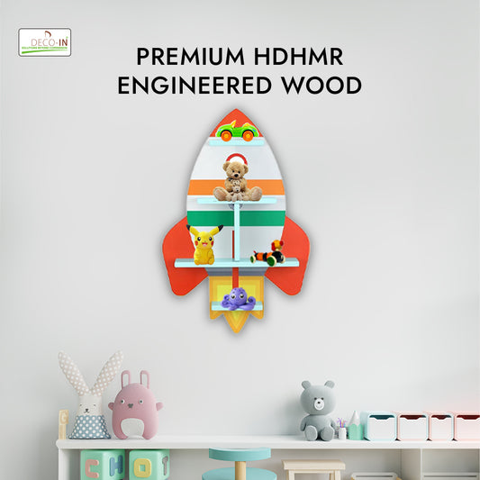 DECOIN Rocket Shaped Kids Wall Mounted Shelf Premium HDHMR Engineered Wood Floating Rack with Vibrant UV Printing for Nursery Bedroom & Playroom Décor