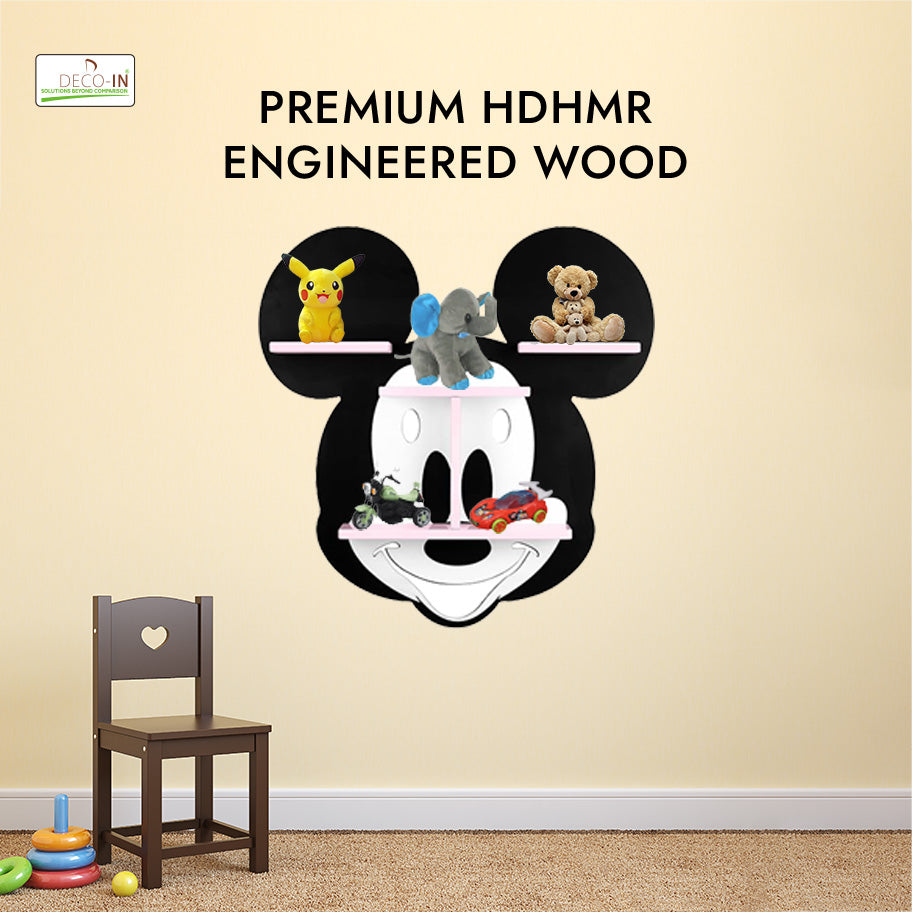 DECOIN Mickey Mouse Shaped Kids Wall Mounted Shelf Premium HDHMR Engineered Wood Floating Rack with Vibrant UV Printing for Nursery, Bedroom & Playroom Décor