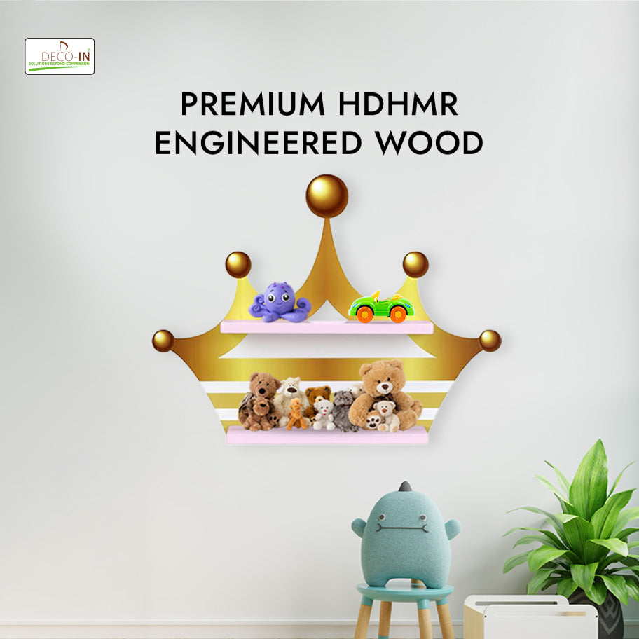 DECOIN Crown Shaped Kids Wall-Mounted Shelf Premium HDHMR Engineering Wood Floating Rack with Vibrant UV Printing for Nursery Bedroom & Playroom Décor