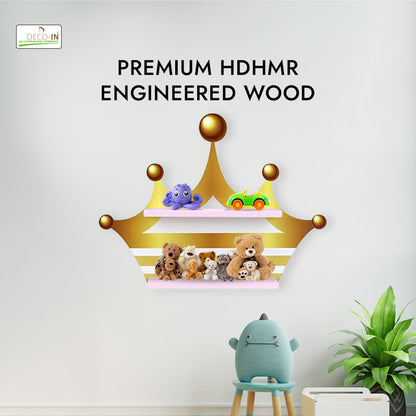 DECOIN Crown Shaped Kids Wall-Mounted Shelf Premium HDHMR Engineering Wood Floating Rack with Vibrant UV Printing for Nursery Bedroom & Playroom Décor