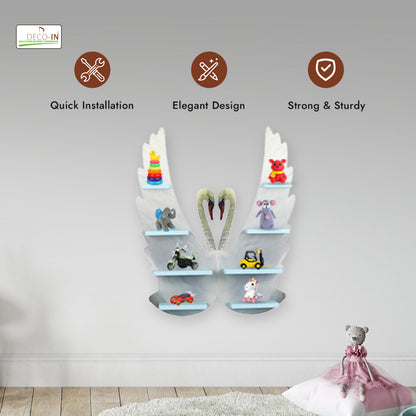 DECOIN Double Swan Shaped Kids Wall-Mounted Shelf Premium HDHMR Engineering Wood Floating Rack with Elegant UV Printing for Nursery Bedroom & Playroom Décor
