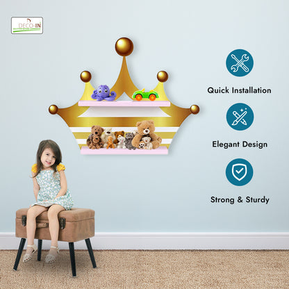 DECOIN Crown Shaped Kids Wall-Mounted Shelf Premium HDHMR Engineering Wood Floating Rack with Vibrant UV Printing for Nursery Bedroom & Playroom Décor