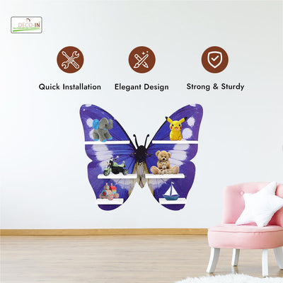DECOIN Butterfly Shaped Kids Wall Mounted Shelf Premium HDHRM Engineered Wood Floating Organizer Rack with Vibrant Decorative UV Printing for Nursery Bedroom & Playroom Storage