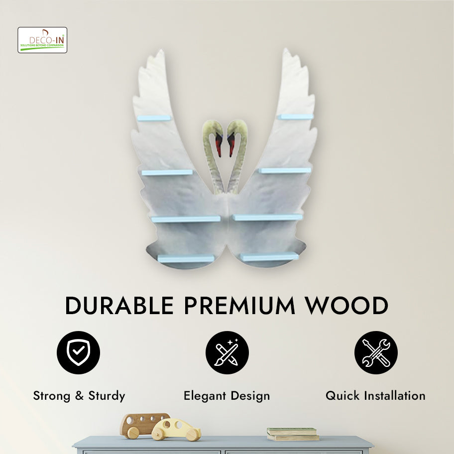 DECOIN Double Swan Shaped Kids Wall-Mounted Shelf Premium HDHMR Engineering Wood Floating Rack with Elegant UV Printing for Nursery Bedroom & Playroom Décor