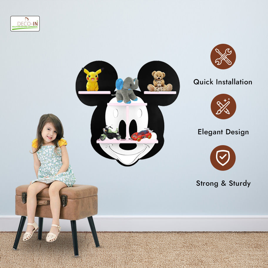 DECOIN Mickey Mouse Shaped Kids Wall Mounted Shelf Premium HDHMR Engineered Wood Floating Rack with Vibrant UV Printing for Nursery, Bedroom & Playroom Décor