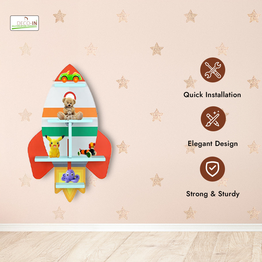 DECOIN Rocket Shaped Kids Wall Mounted Shelf Premium HDHMR Engineered Wood Floating Rack with Vibrant UV Printing for Nursery Bedroom & Playroom Décor