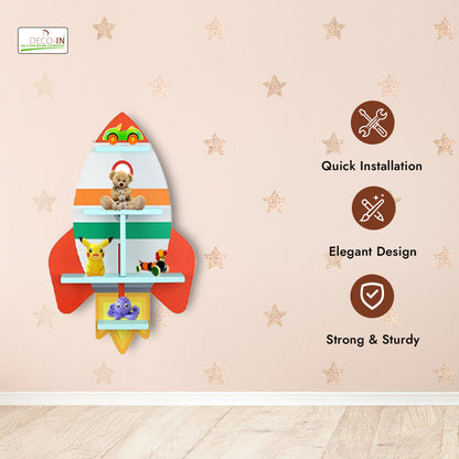 DECOIN Rocket Shaped Kids Wall Mounted Shelf Premium HDHMR Engineered Wood Floating Rack with Vibrant UV Printing for Nursery Bedroom & Playroom Décor