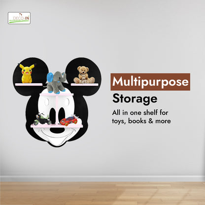 DECOIN Mickey Mouse Shaped Kids Wall Mounted Shelf Premium HDHMR Engineered Wood Floating Rack with Vibrant UV Printing for Nursery, Bedroom & Playroom Décor