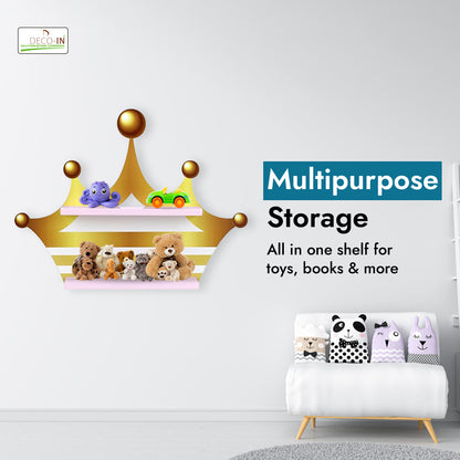 DECOIN Crown Shaped Kids Wall-Mounted Shelf Premium HDHMR Engineering Wood Floating Rack with Vibrant UV Printing for Nursery Bedroom & Playroom Décor