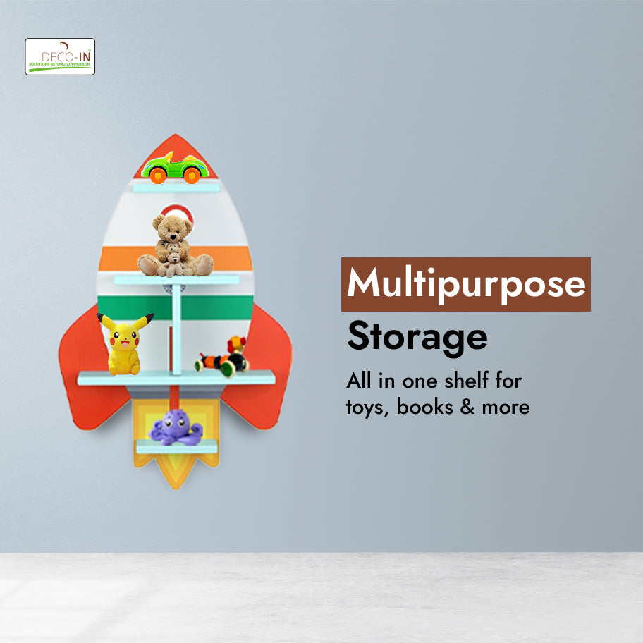 DECOIN Rocket Shaped Kids Wall Mounted Shelf Premium HDHMR Engineered Wood Floating Rack with Vibrant UV Printing for Nursery Bedroom & Playroom Décor