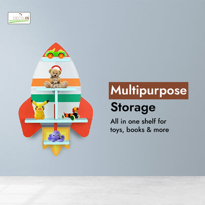 DECOIN Rocket Shaped Kids Wall Mounted Shelf Premium HDHMR Engineered Wood Floating Rack with Vibrant UV Printing for Nursery Bedroom & Playroom Décor