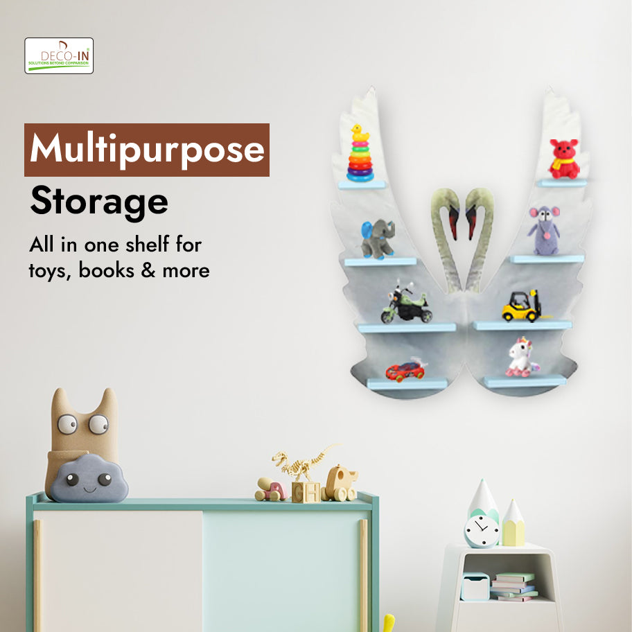 DECOIN Double Swan Shaped Kids Wall-Mounted Shelf Premium HDHMR Engineering Wood Floating Rack with Elegant UV Printing for Nursery Bedroom & Playroom Décor