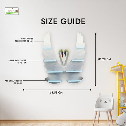 DECOIN Double Swan Shaped Kids Wall-Mounted Shelf Premium HDHMR Engineering Wood Floating Rack with Elegant UV Printing for Nursery Bedroom & Playroom Décor