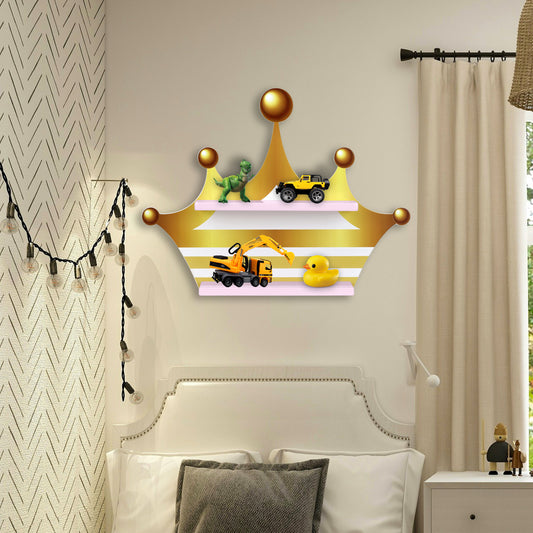 DECOIN Crown Shaped Kids Wall-Mounted Shelf Premium HDHMR Engineering Wood Floating Rack with Vibrant UV Printing for Nursery Bedroom & Playroom Décor