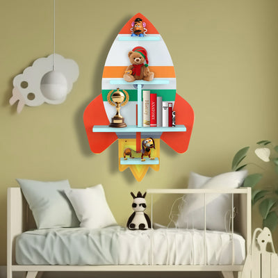 DECOIN Rocket Shaped Kids Wall Mounted Shelf Premium HDHMR Engineered Wood Floating Rack with Vibrant UV Printing for Nursery Bedroom & Playroom Décor
