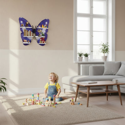 DECOIN Butterfly Shaped Kids Wall Mounted Shelf Premium HDHRM Engineered Wood Floating Organizer Rack with Vibrant Decorative UV Printing for Nursery Bedroom & Playroom Storage